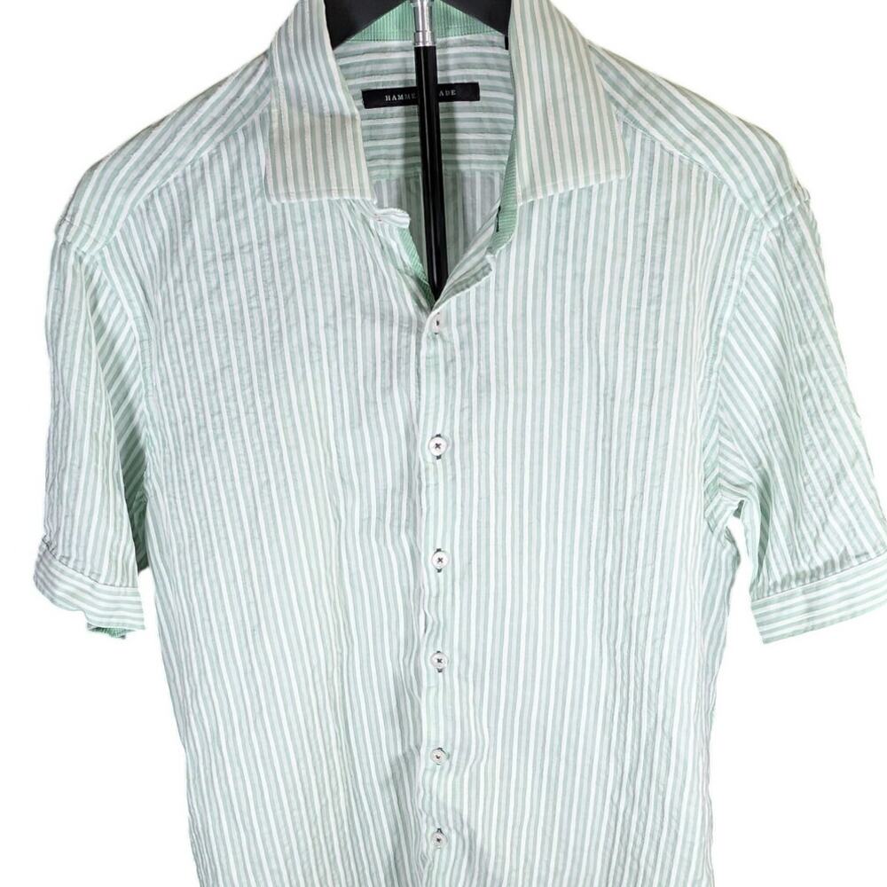 Hammer Made Green White Striped Linen Blend Button Shirt Men's 16 ML